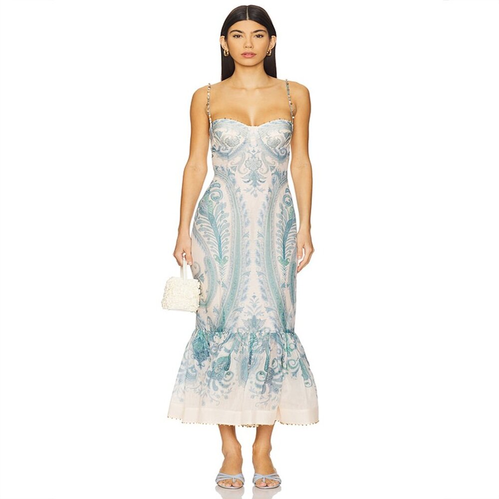 Zimmermann Illuminate Maxi Dress Paisley Shirred - Turquoise Paisley